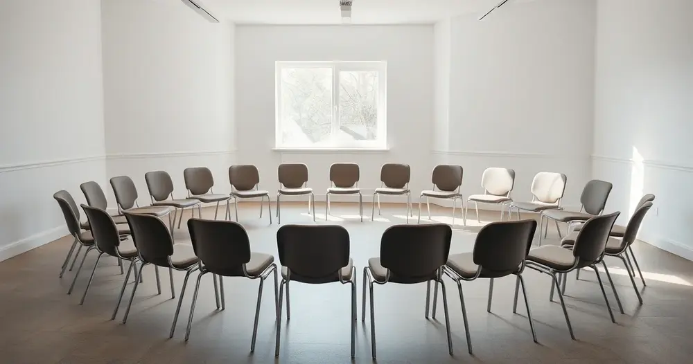 Roda de cadeiras vazias em sala de reunião clara com janela ao fundo