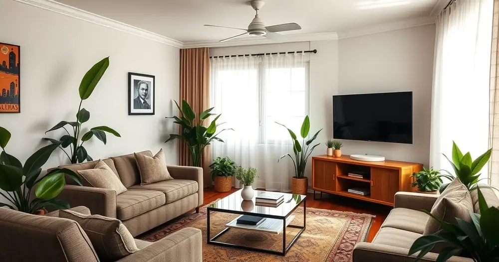 sala de estar brasileira com televisão, mesa de centro e plantas